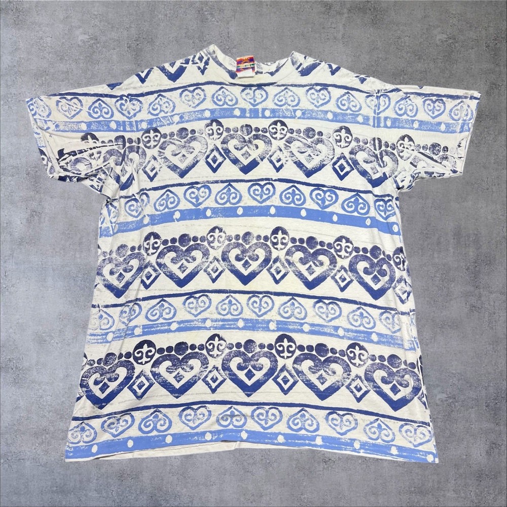 Vintage 90S Surfing Beach Aop Striped Pattern Single Stage White Tee XL Mens