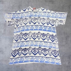 Vintage 90S Surfing Beach Aop Striped Pattern Single Stage White Tee XL Mens