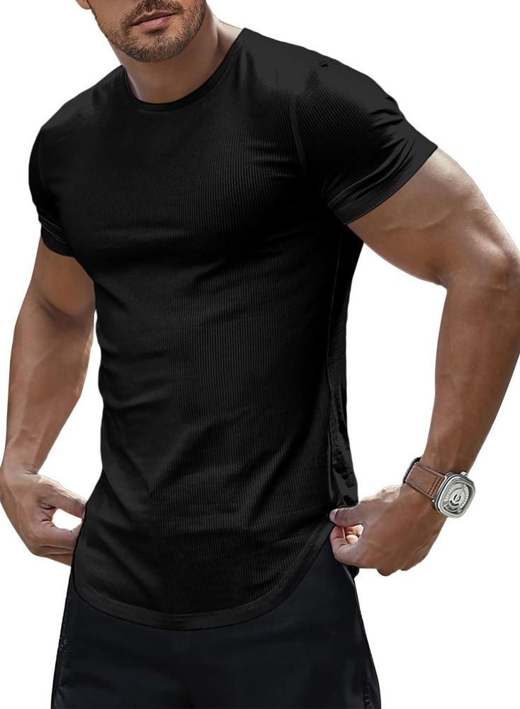 Mens Short Sleeve Black T Shirt Muscle Slim Fitted Summer Longline Stretch Te…
