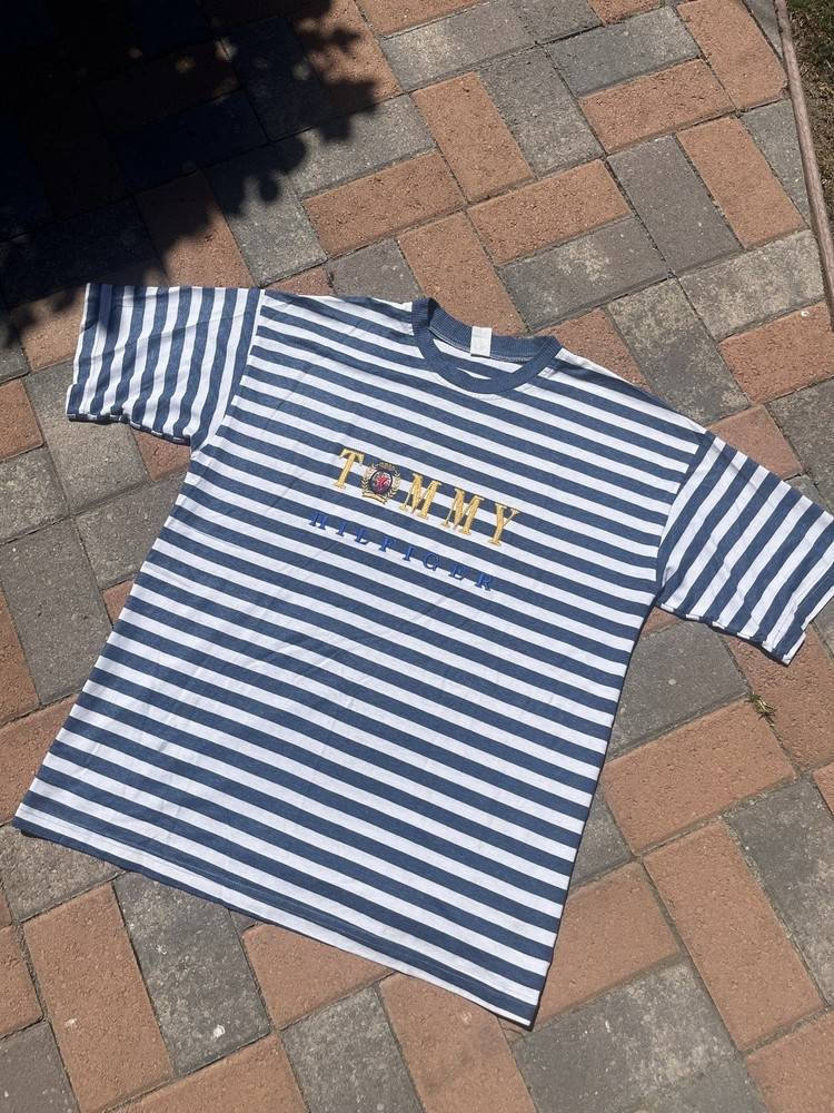 Vintage Tommy Hilfiger Made In USA Embroidered Blue White Striped T-Shirt Size L