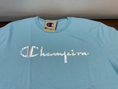 Champion Shirt Metallic Silver Foil Script Shirt Baby Blue S/S Shirt (XXL)