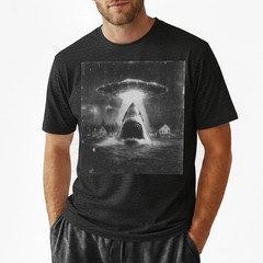 Funny Shark Abduction T-Shirt UFO Alien Vintage Art Sci-Fi Graphic Tee S-5XL