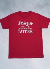 Jesus Loves Me & My Tattoos Mens L Red Graphic Tee Nautical Star Tattoo Gildan