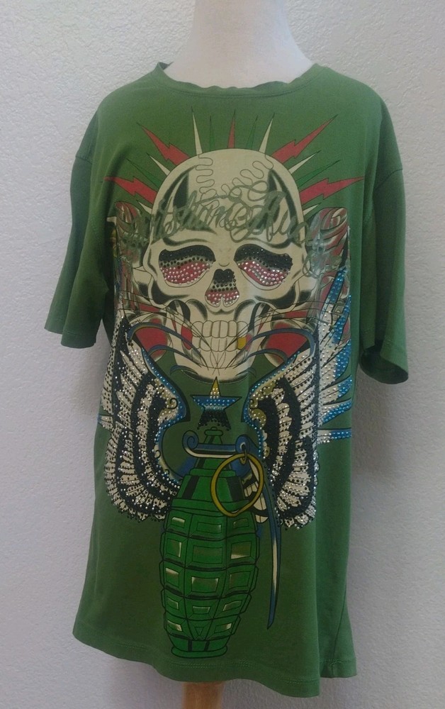 Christian Audigier Y2K Skull Grenade Rhinestone Green T-Shirt Short Sleeve Sz S