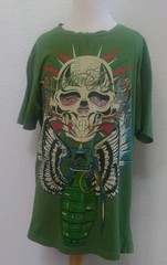 Christian Audigier Y2K Skull Grenade Rhinestone Green T-Shirt Short Sleeve Sz S