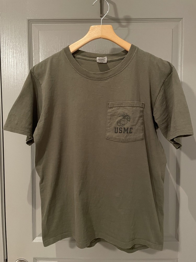 Vintage USMC Olive Green Pocket PT T-Shirt Mens Medium 90s USA 100% Cotton Soffe
