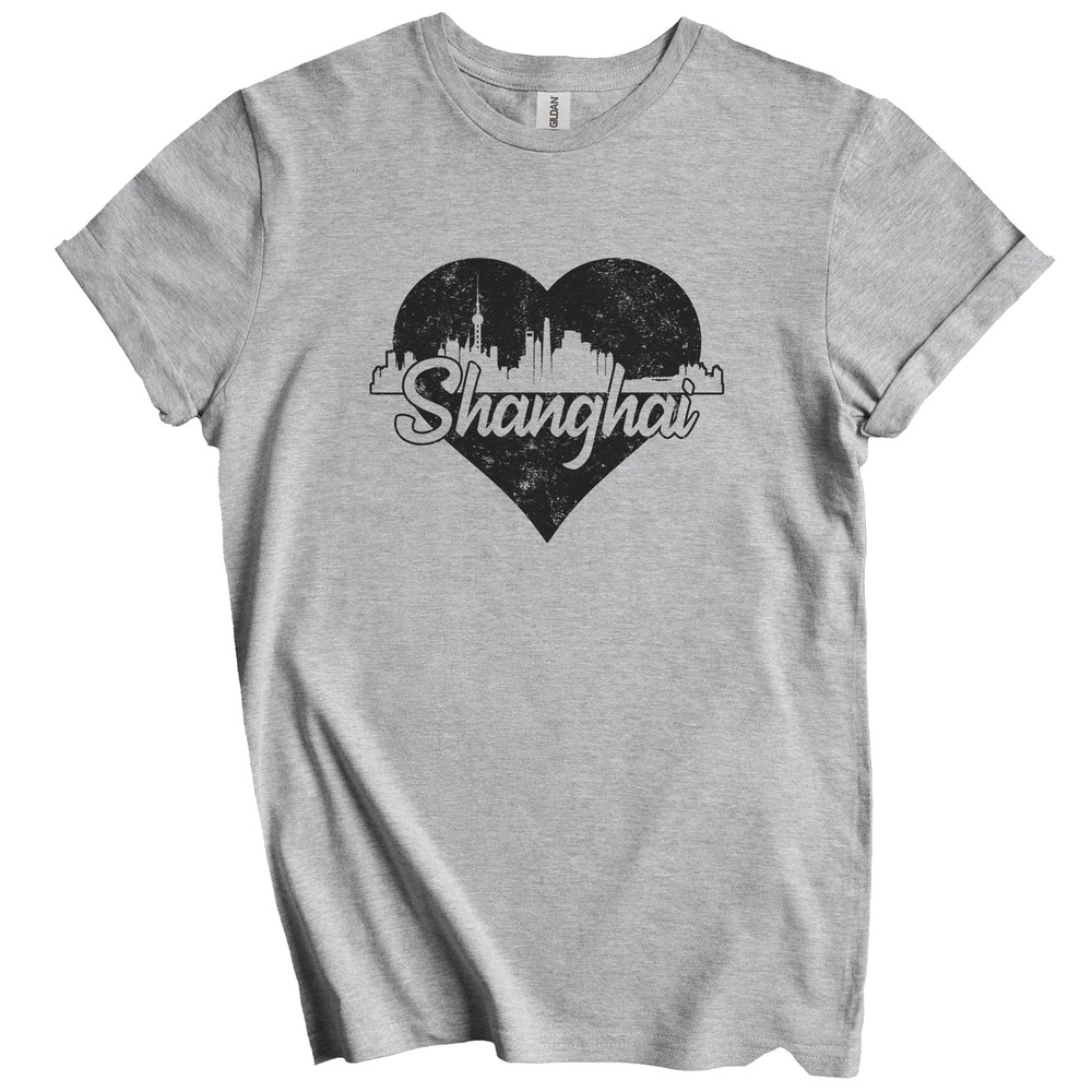 Retro Shanghai China Skyline Heart Distressed T-Shirt