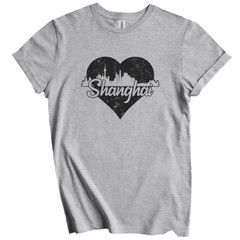 Retro Shanghai China Skyline Heart Distressed T-Shirt