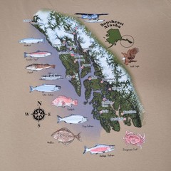 Southeast Alaska Shirt Mens XL Tan Graphic Map Fish Cities Bald Eagle Tee Cotton