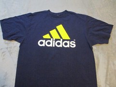 Vintage Adidas Shirt Mens XL Blue Yellow Triangle Logo Three Stipe Spell Out
