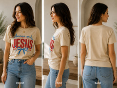 America Needs Jesus Shirt Patriotic Christian Faith Bow Tee Cream Women