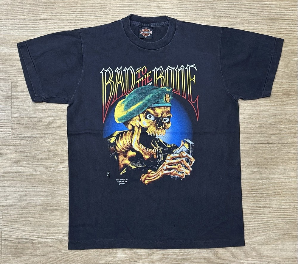 HARLEY DAVIDSON vintage 1987 BAD TO THE BONE shirt JUST BRASS biker MOTORCYCLE