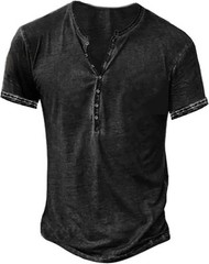 Mens Distressed Henley Shirt Short Sleeve Retro Washed Casual Slim Fit Tee