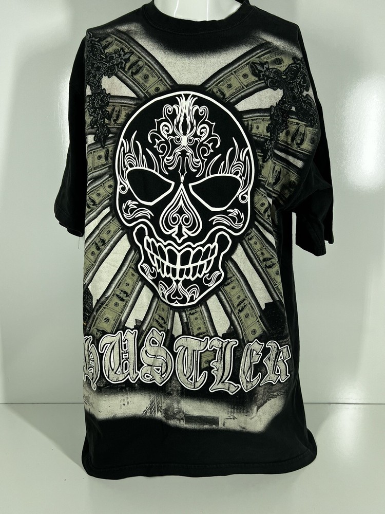 3D Big Tiger Skull Hustler Hundred Dollar Bills Crosses Mens Black Size 2XL TALL