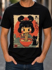 Kawaii Ramen Girl Cat Japanese Anime Graphic T-Shirt Cute Unisex White Tee