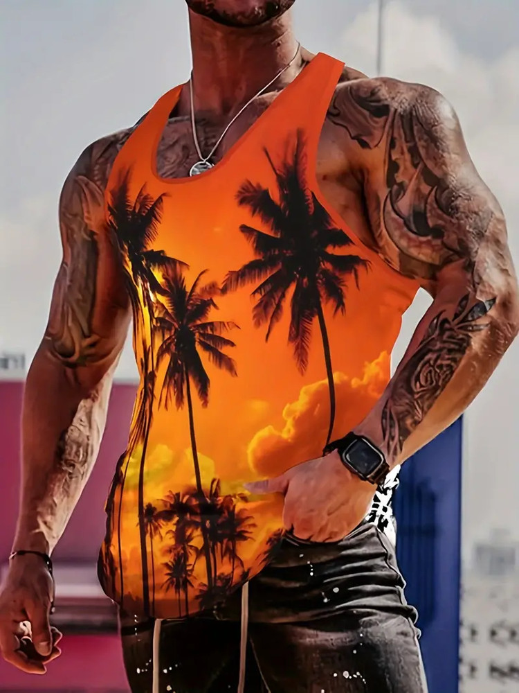 Men Fashion Sunset Coconut Tree Tank Top Comfort Fit Slight Stretch Summer Gym