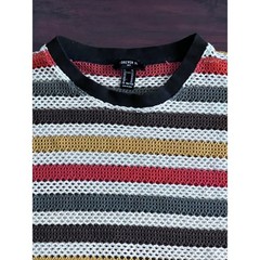 Mens Colorful Striped Crochet Open Knit Mesh short sleeve t Shirt Size XL