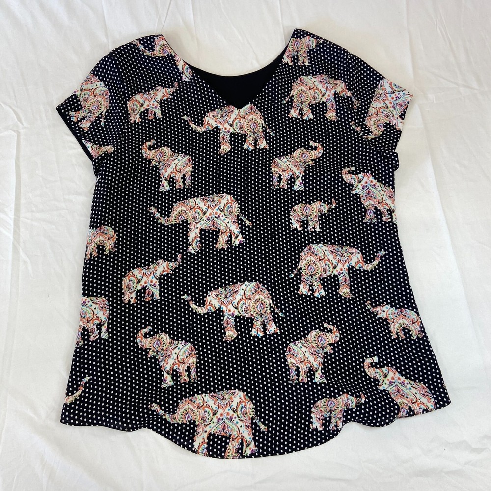 Womens Short Sleeve Shirt Elephant and Polka Dot Patterns Black Colorful Design
