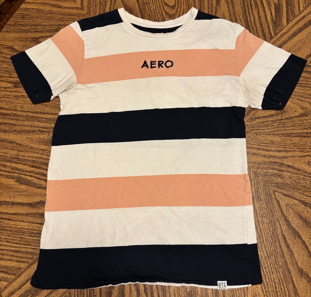 Aeropostale Men’s Medium Logo navy blue, salmon & white striped Cotton T-Shirt