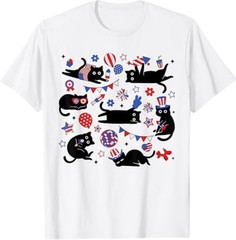 Cute Black Cat USA Flag Firework Patriotic 4th of July T-Shirt
