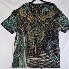 Last Hold Skull Cross Graphic T-Shirt Mens XL Black Green Gold Foil Gothic…