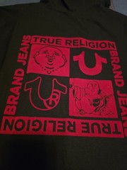 $62…True Religion “Buddha” size XL Flocked Hooded Tank Black/Red.
