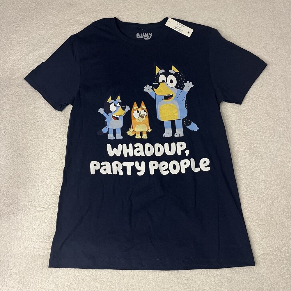 Bluey Adult T-Shirt – Bandit Bingo Bluey Whaddup, Party People – Size Small NWT