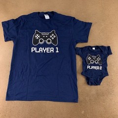 Adult Medium & Newborn Gaming Player One Player Two T-Shirt & Bodysuit Set New