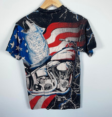 90s AOP Wolf Motorcycle American Flag T-Shirt Adult Medium Single Stitch 1994