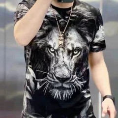 New Men Fashion Trend Lion 3D Print Short Sleeve Black Streetwear Summer T-Shirt