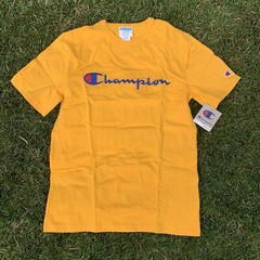 Champion T-Shirt Script Logo Embroidered Spell Out | Yellow — Men’s Size Medium