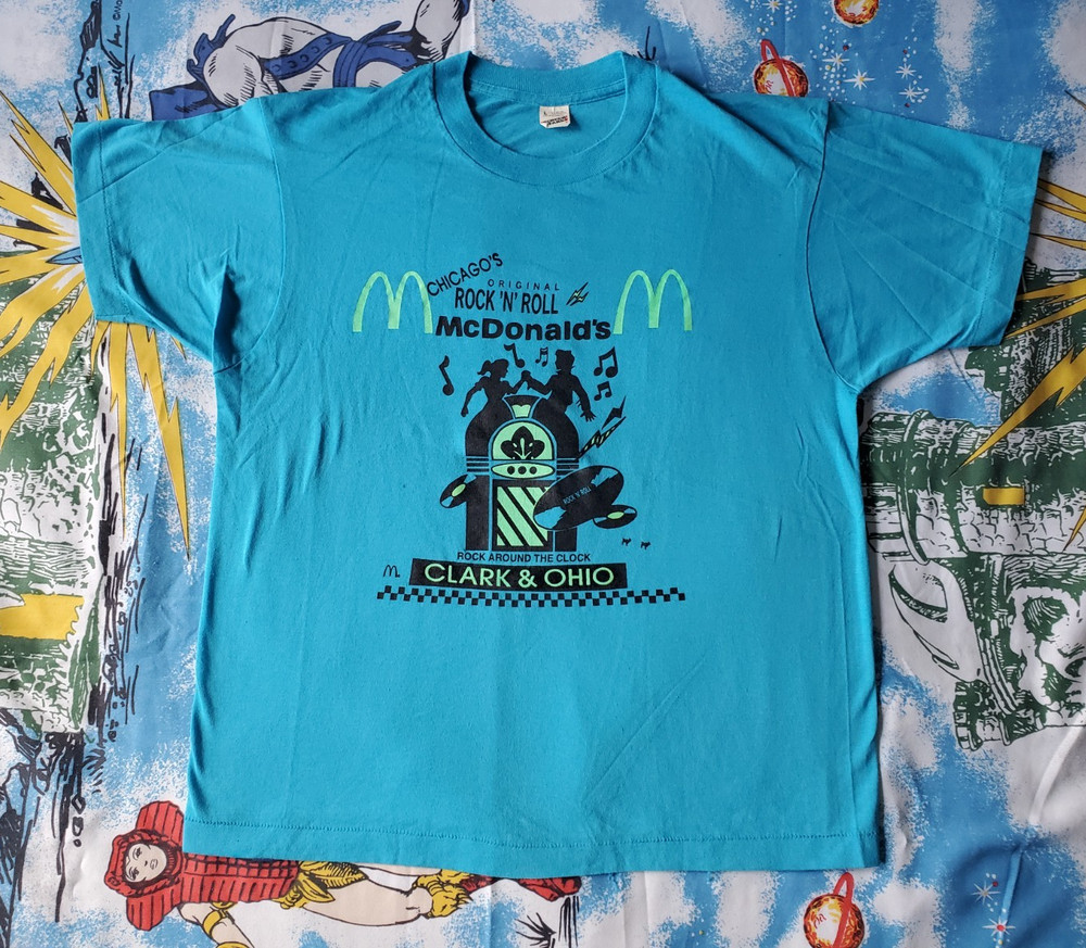 RARE Rock N Roll McDonald’s Shirt Vintage 80s Chicago LG teal Single Stitch