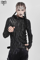 Devil Fashion Men Black And Gray Striped Gothic Asymmetric Hooded T-Shirt Tops