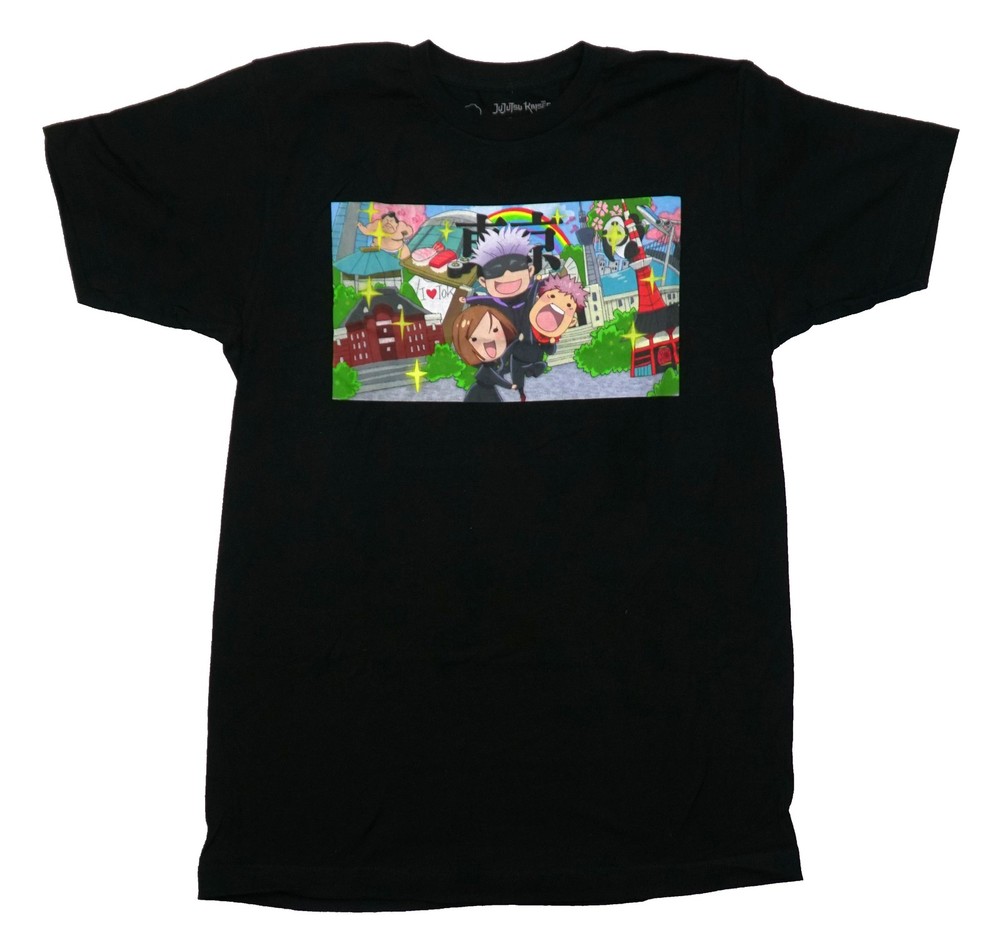 Jujutsu Kaisen Mens T-Shirt – Chibi Trio In Rainbow City