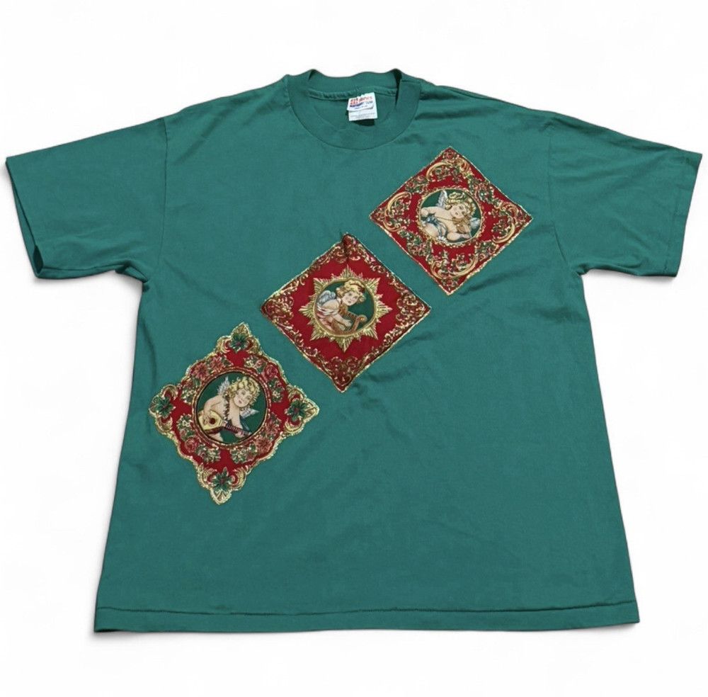 Hanes Heavyweight 50/50 Green Art Graphic Print T-Shirt L Crew Neck Short Sleeve