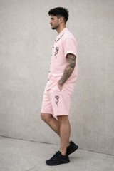 Manfinity Homme Men’s 2-Piece Set Large Baby Pink Button Shirt & Shorts Rose Gra