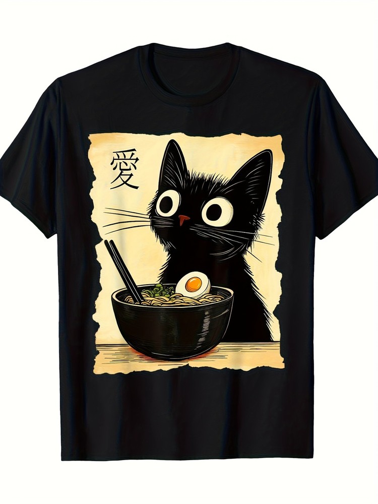 Cute Cat and Ramen Anime T-Shirt Unisex- Japanese Style Printed Tshirt