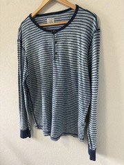 Lucky Brand Mens XL Blue White Striped Henley Shirt Long Sleeve 100% Cotton