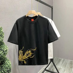 Men’s White Embroidery 100% Cotton O-Neck T-Shirt Korean Style Tee
