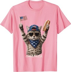 Retro Funny America Cat Hot Dog Lovers Patriotic US Flag T-Shirt