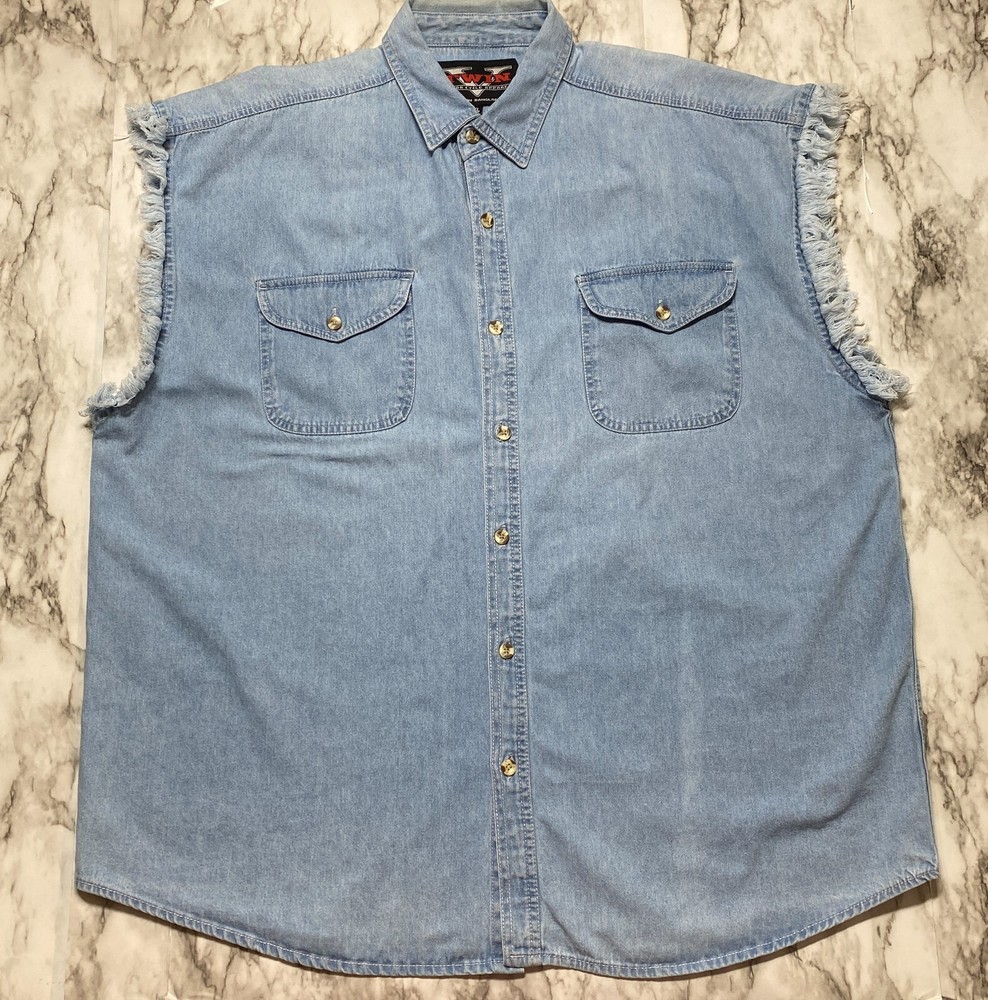 V TWIN Motorcycle Apparel Biker Mens Denim Shirt Size XL Sleeveless Pockets