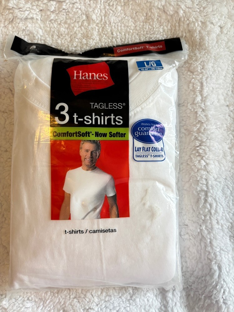 Hanes Crew Neck T-Shirts 3 PK Lay Flat Collar Tagless ComfortSoft NOS 2010 sz L