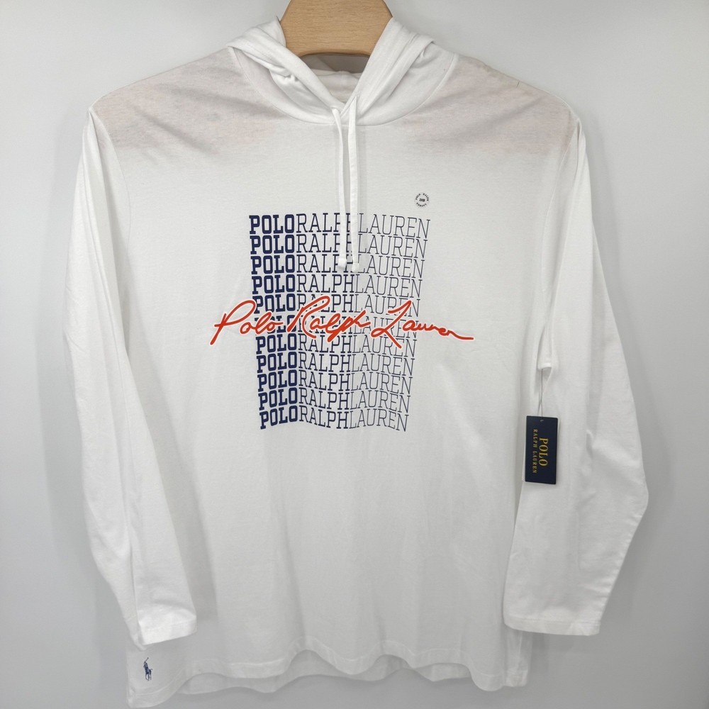 Polo Ralph Lauren Hooded T-Shirt Mens 2XB White Graphic Print Long Sleeve NWT
