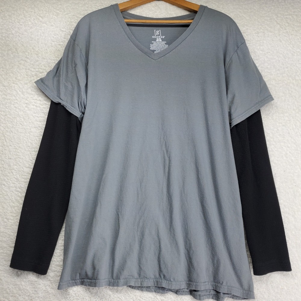 Men’s Twofer T-Shirt XL Black Gray Waffle Knit V-Neck Y2K Grunge Skater