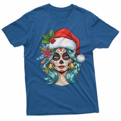 Christmas Sugar Skull Art Woman Santa Hat Festive Design T-Shirt