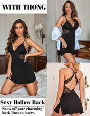 Women Lingerie Lace Chemise Sleepwear Babydoll Teddy Lingerie A-black