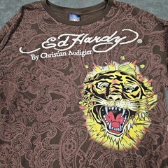 Ed Hardy Shirt Mens XL Brown Long Sleeve Tiger Skull Tattoo Graphic Tee Paisley