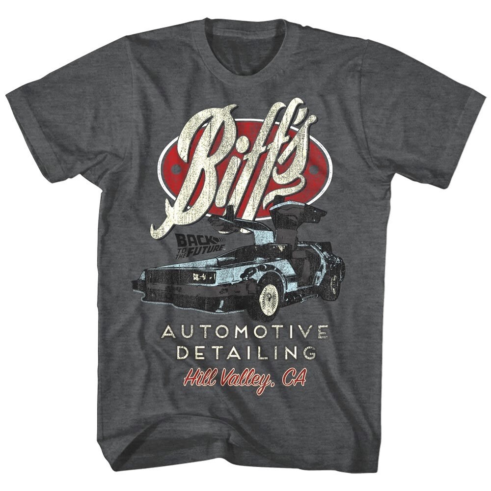Back to The Future Biffs Automotive Hill Valley Mens T Shirt California DeLorean