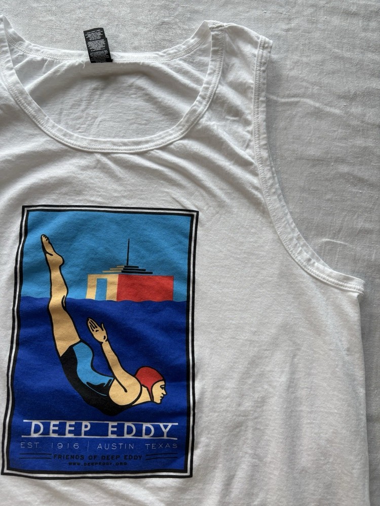 Friends of Deep Eddy Graphic Tank Top 100% Cotton Austin TX Historic Swimming
