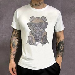 New Fashion Rhinestone Bear Short Sleeve Luxury Men T-Shirt All Sizes Plus Size
